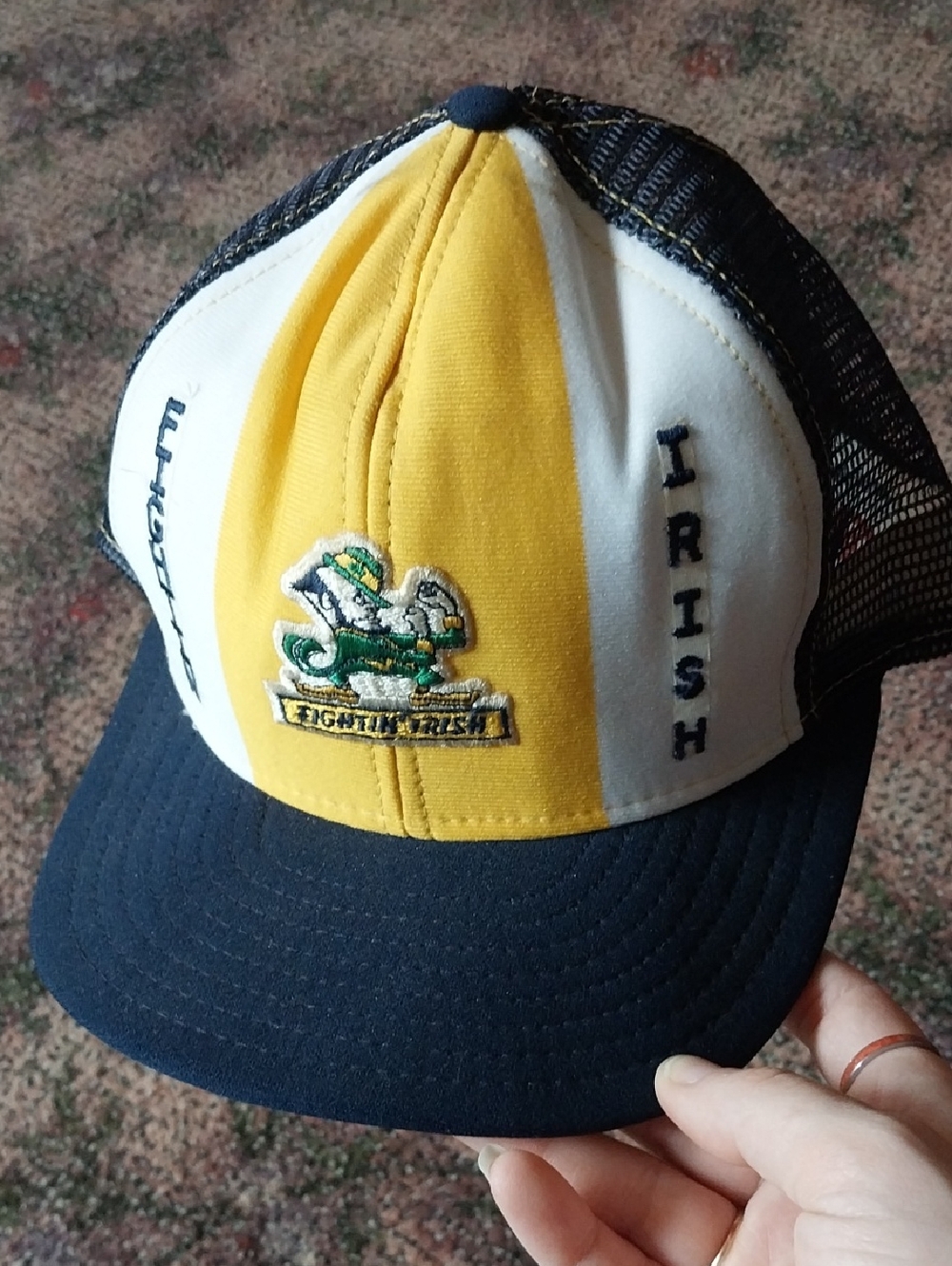 Vtg. AJD Irish Fighting Irish Trucker Hat - Yellow, White & Navy